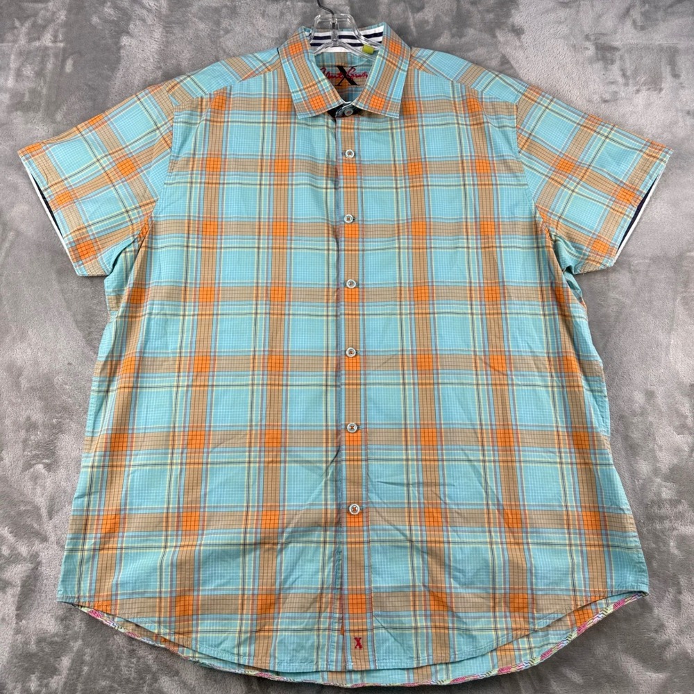Robert Graham Shirt Mens 2XL Tailored Fit Teal Orange Plaid Button-Down EUC